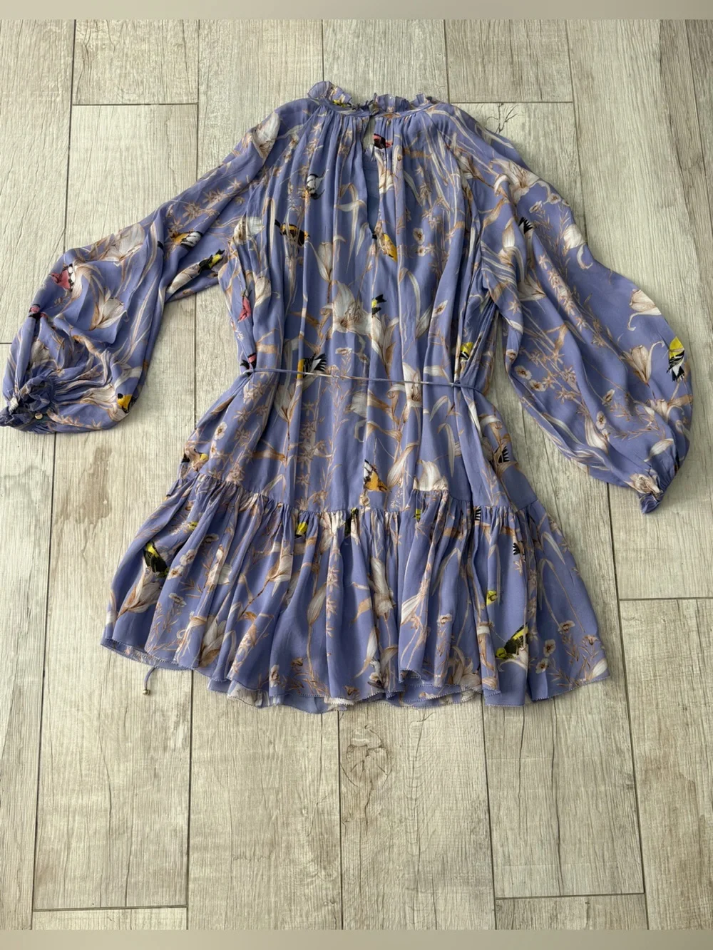 Banana Republic Floral Bird Print Ruffle Mini Dress Petite Large Purple EUC